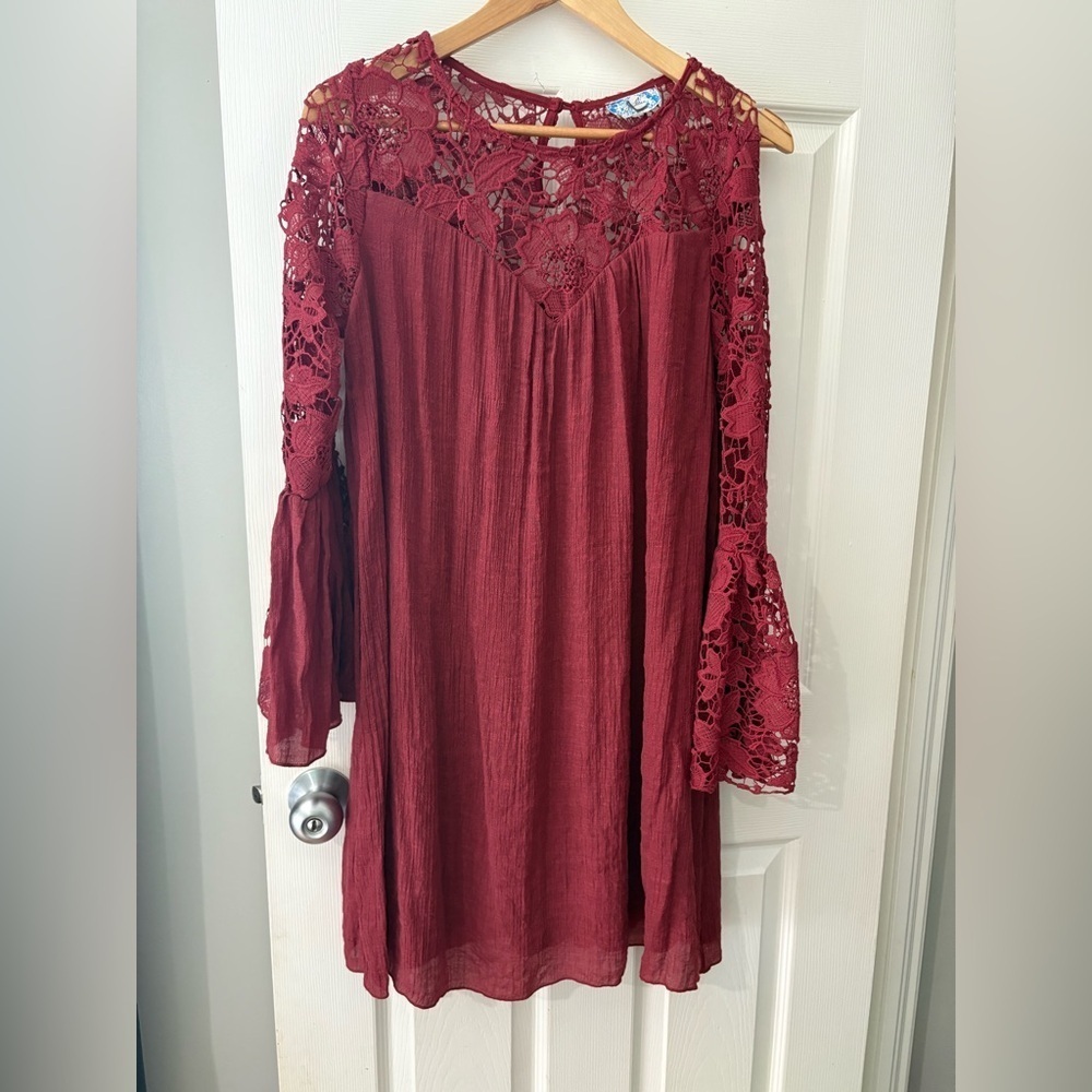 J Gee babydoll lace crochet mini dress size large bell sleeve Merlot red